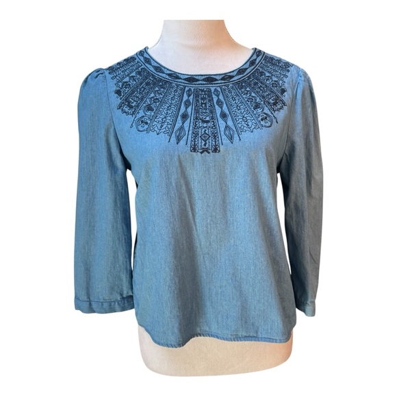 Sacred Threads Tops - Sacred Threads Blue Denim Embroidered Boho Peasant Blouse‎ Top S/M